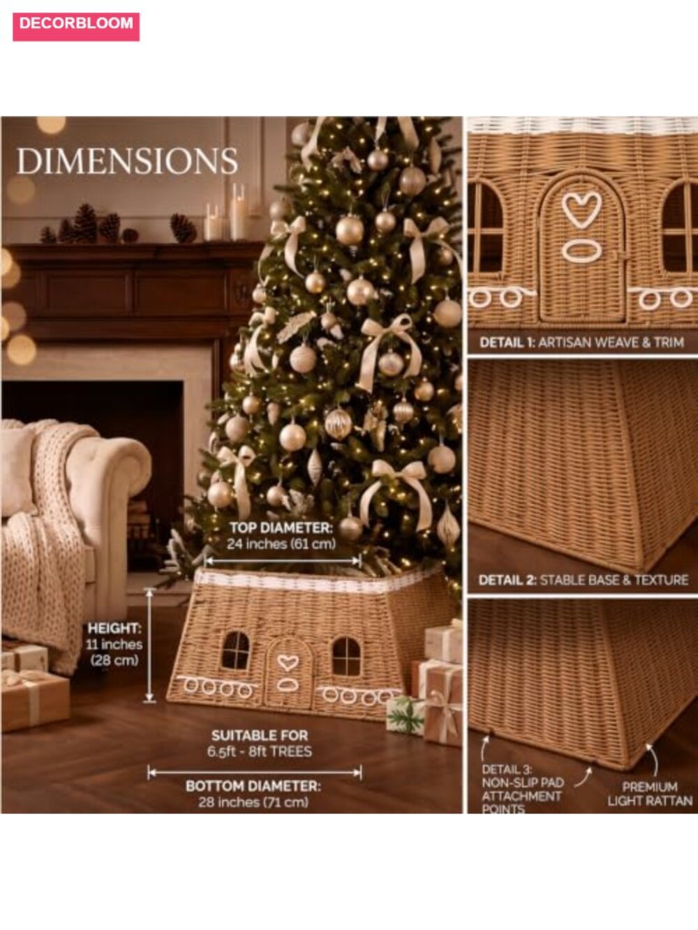 Rattan Gingerbread House Christmas Tree Collar 17 in Woven Farmhouse Decor - Picture 2 of 6